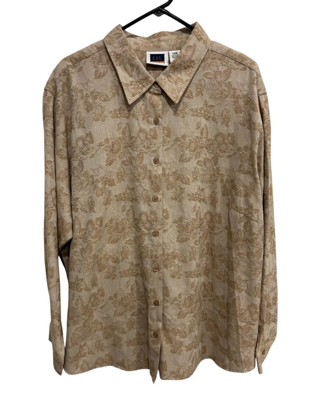 C.S.T. Sport 22W Beige Floral Button Up Shirt Cotton Long Sleeve Floralcore Boho